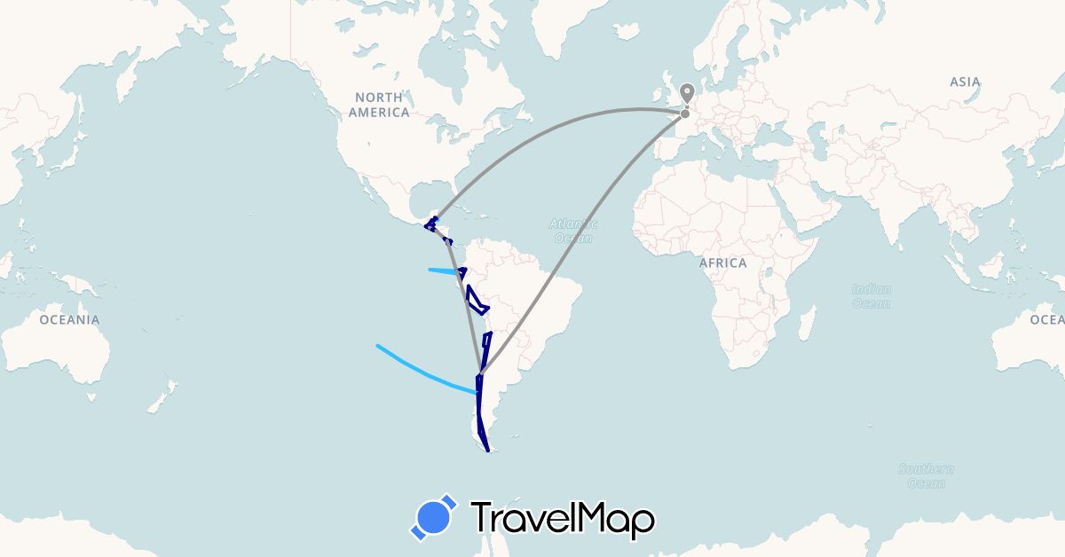 TravelMap itinerary: driving, plane, boat in Belize, Chile, Costa Rica, Ecuador, France, Guatemala, Peru, El Salvador (Europe, North America, South America)